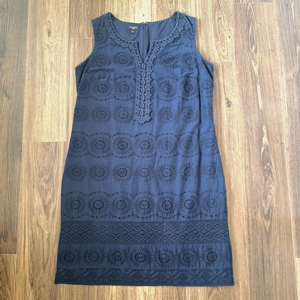 💙 Talbots Eyelet Embroidered Navy Dress Size 14P Preppy Romantic Nautical